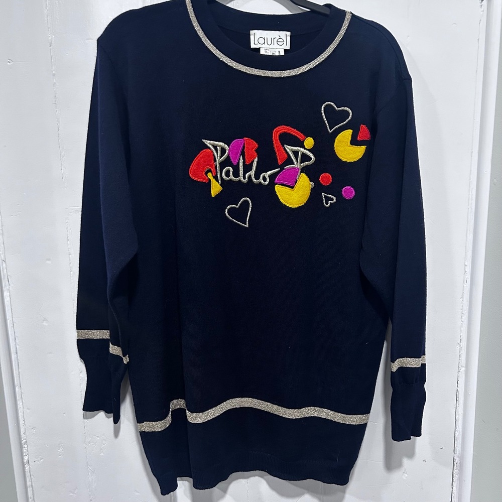 Laurel Vintage Navy Wool Blend Embroidered Abstract Heart Sweater Metallic Trim